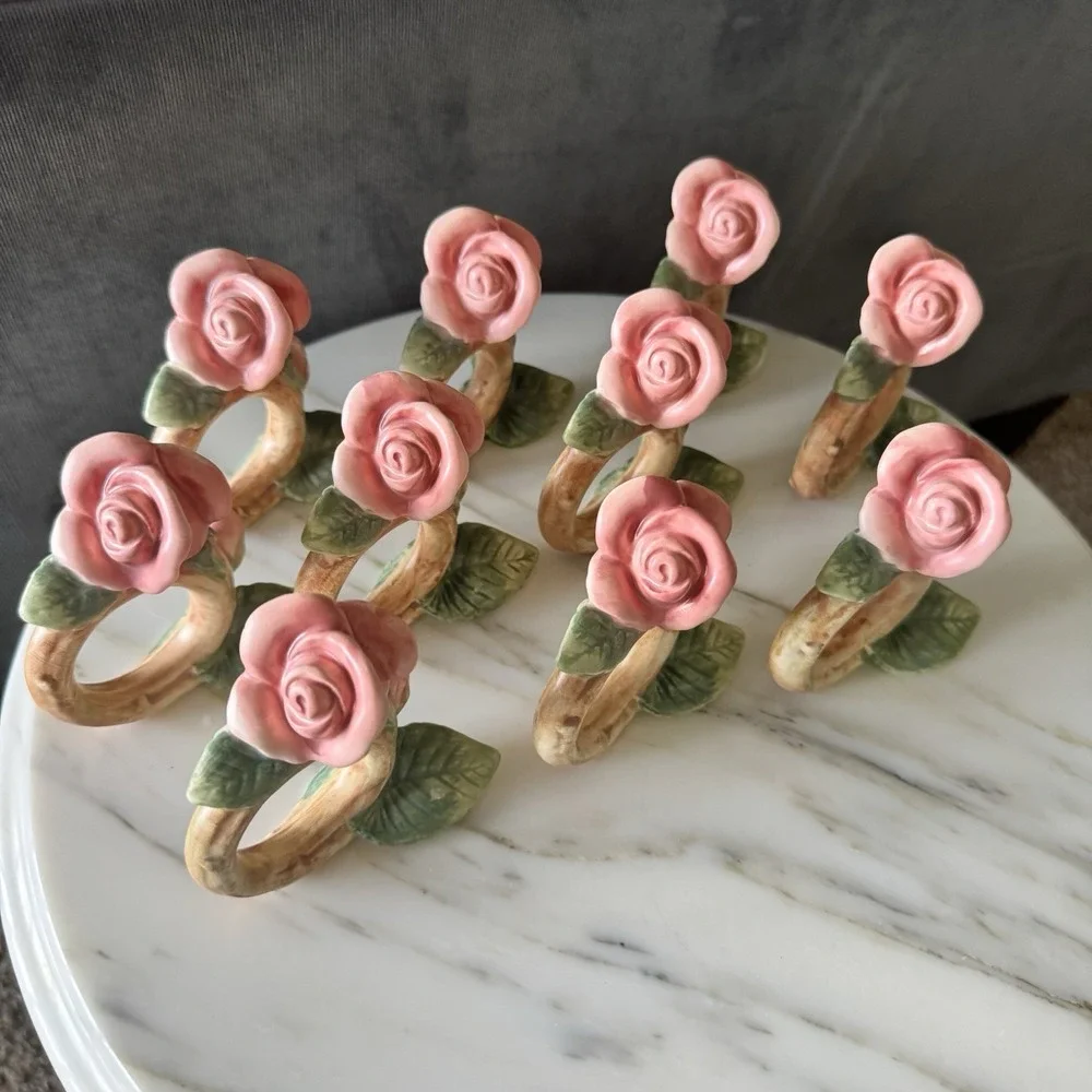 Vintage Fitz & Floyd Blushing Rose Napkin Rings Set Of 10